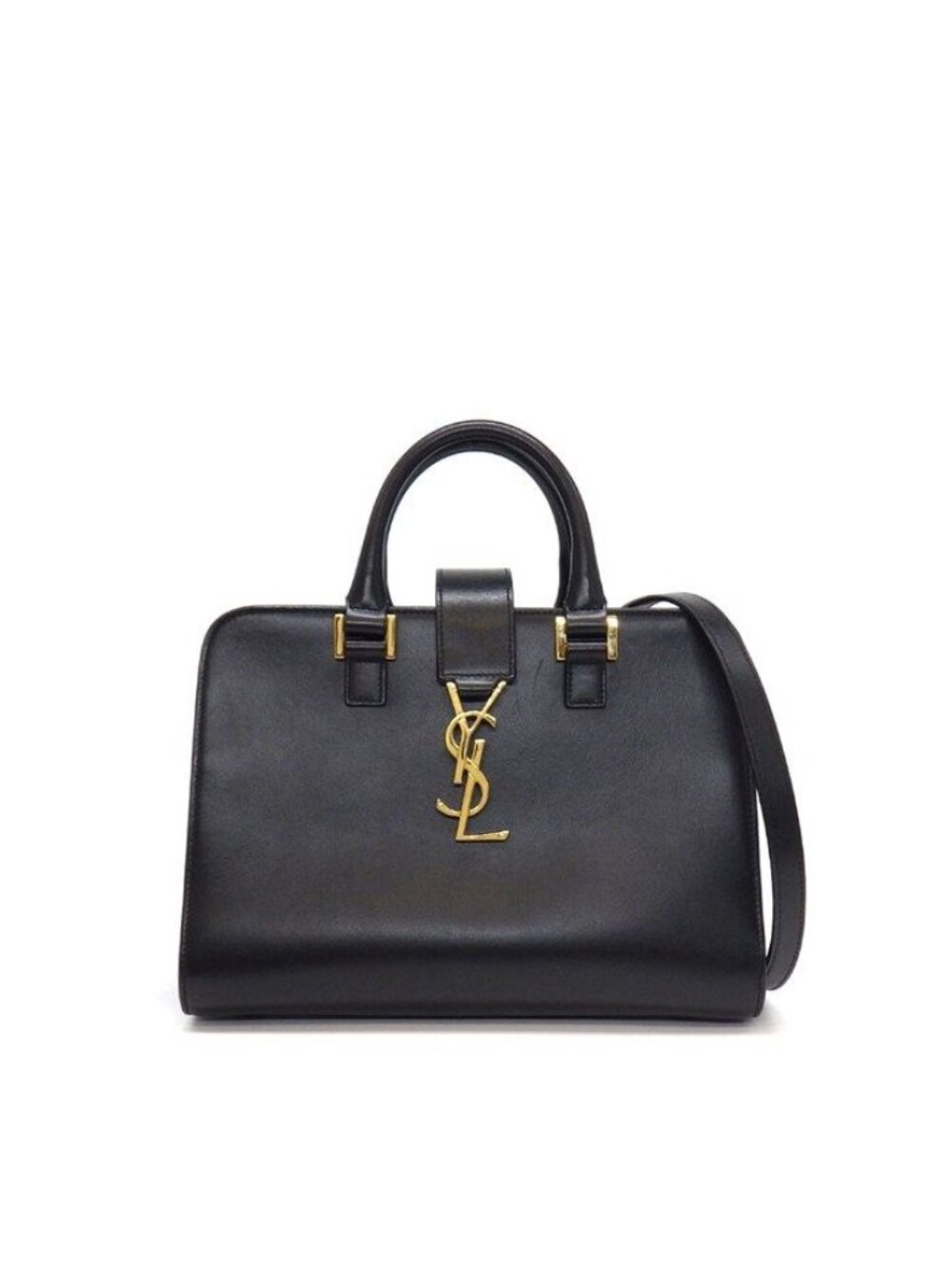 Saint Laurent Handbag Cassandra Baby Cabas Black Calfskin Leather Gold